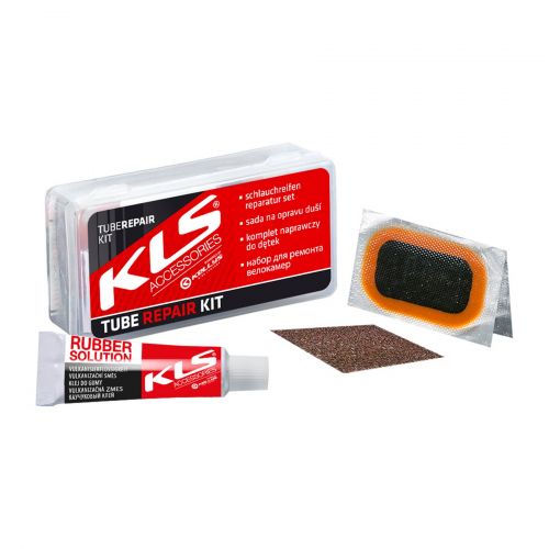 ВЕЛОАПТЕЧКА KLS REPAIR KIT, ПЛАСТИКОВИЙ БОКС (8 ЛАТОК, МЕТАЛЕВИЙ СКРЕБОК, КЛЕЙ 5 МЛ, КРЕЙДА)